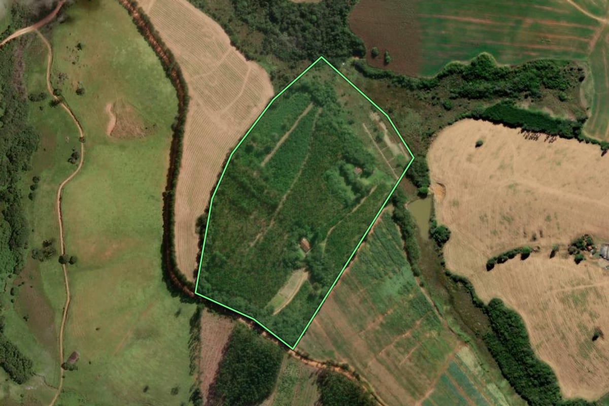 Imagem de satélite do imóvel rural em Pedra Bela (SP), com o contorno declarado no CAR desenhado por cima.