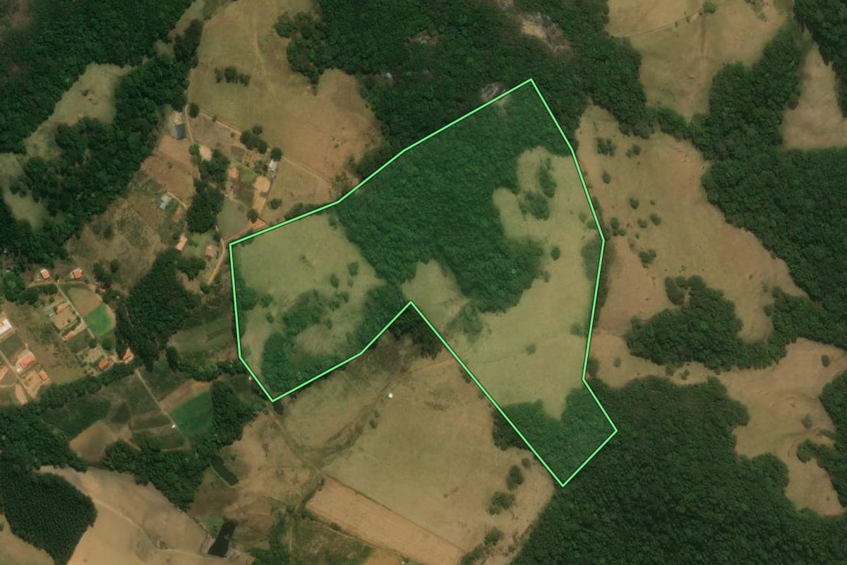 Imagem de satélite do imóvel rural em Pedra Bela (SP), com o contorno declarado no CAR desenhado por cima.