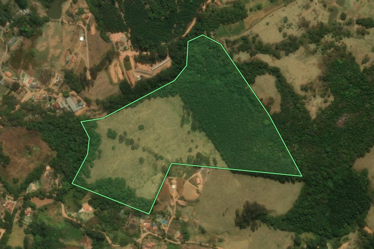 Imagem de satélite do imóvel rural em Pedra Bela (SP), com o contorno declarado no CAR desenhado por cima.