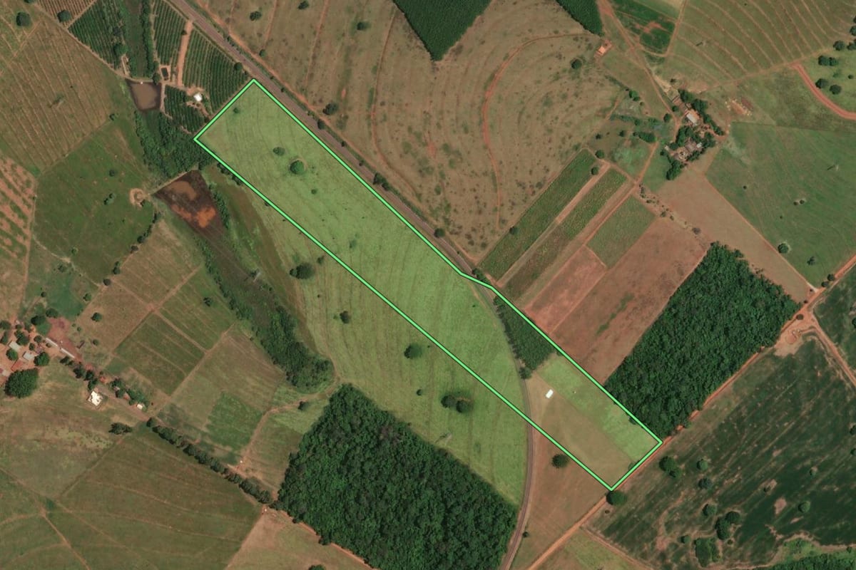 Imagem de satélite do imóvel rural em Pedranópolis (SP), com o contorno declarado no CAR desenhado por cima.