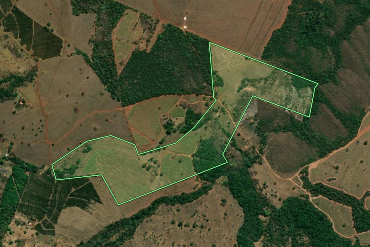 Imagem de satélite do imóvel rural em Pedregulho (SP), com o contorno declarado no CAR desenhado por cima.