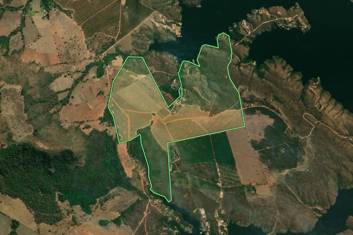 Imagem de satélite do imóvel rural em Pedregulho (SP), com o contorno declarado no CAR desenhado por cima.