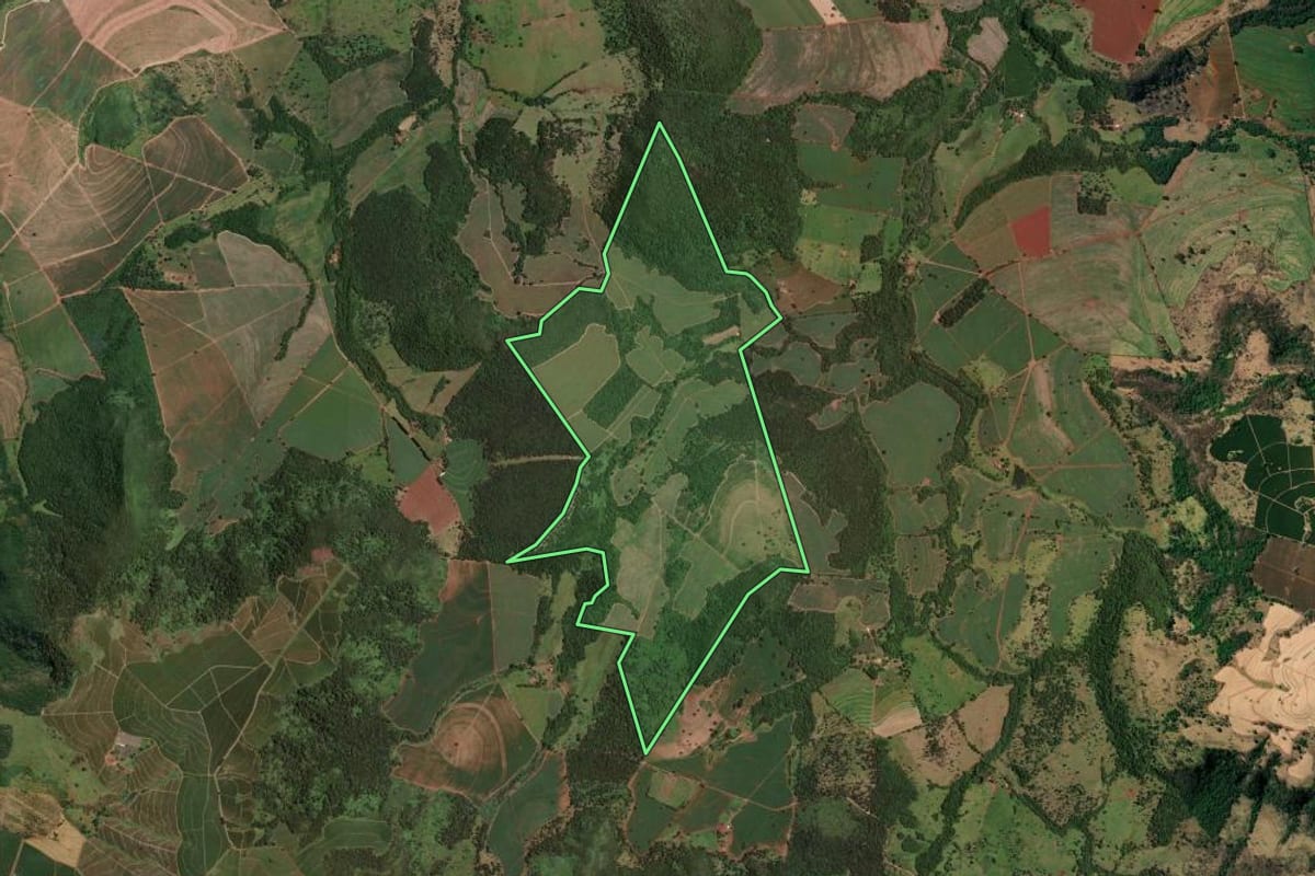 Imagem de satélite do imóvel rural em Pedregulho (SP), com o contorno declarado no CAR desenhado por cima.
