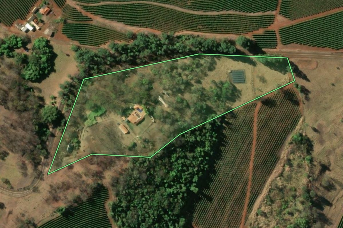 Imagem de satélite do imóvel rural em Pedregulho (SP), com o contorno declarado no CAR desenhado por cima.