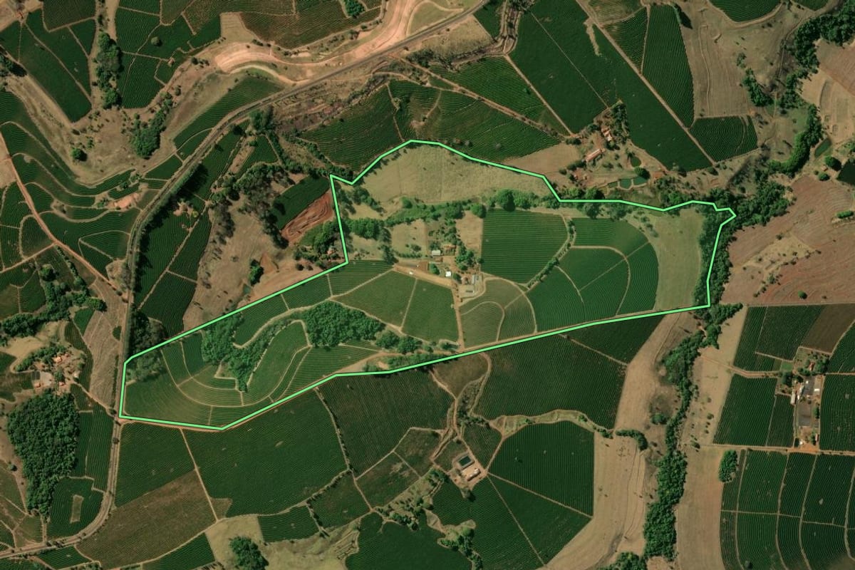 Imagem de satélite do imóvel rural em Pedregulho (SP), com o contorno declarado no CAR desenhado por cima.