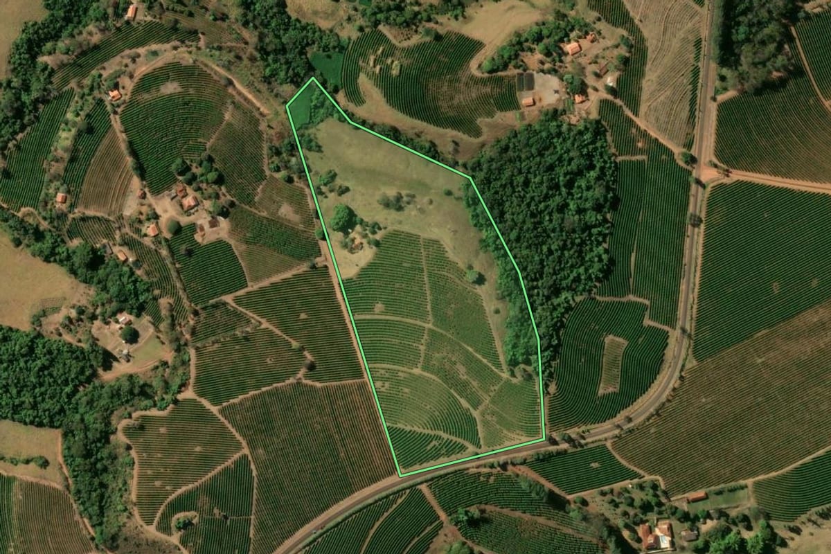 Imagem de satélite do imóvel rural em Pedregulho (SP), com o contorno declarado no CAR desenhado por cima.