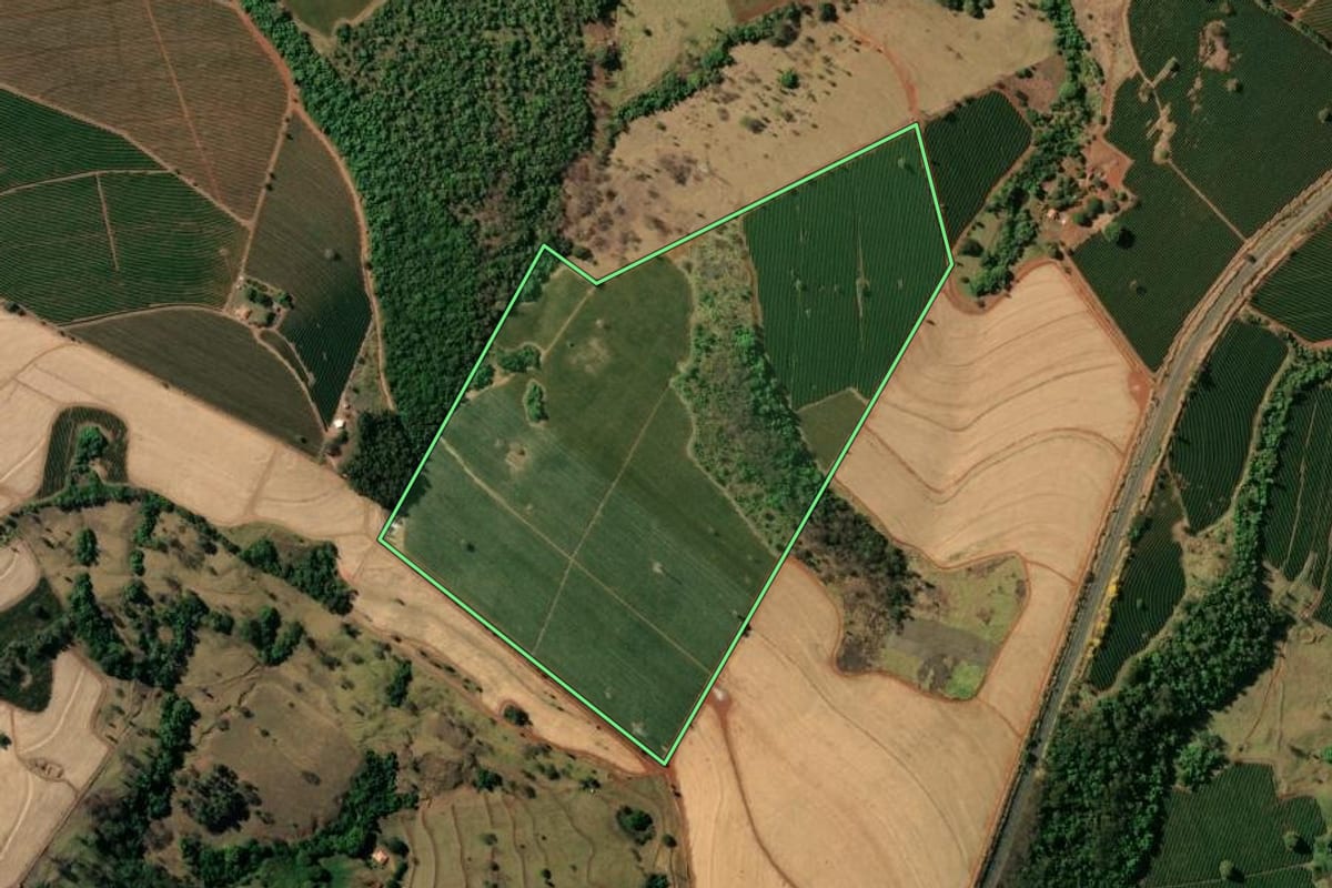 Imagem de satélite do imóvel rural em Pedregulho (SP), com o contorno declarado no CAR desenhado por cima.