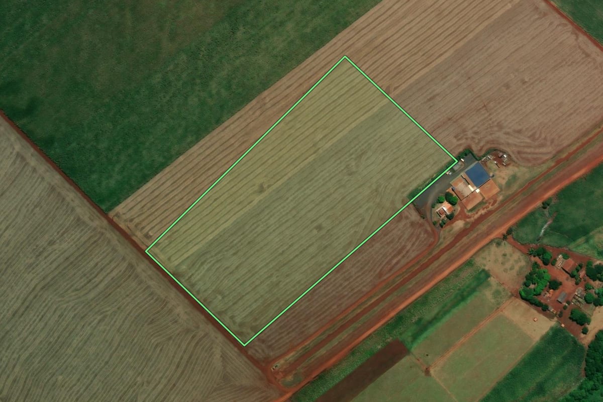 Imagem de satélite do imóvel rural em Pedrinhas Paulista (SP), com o contorno declarado no CAR desenhado por cima.