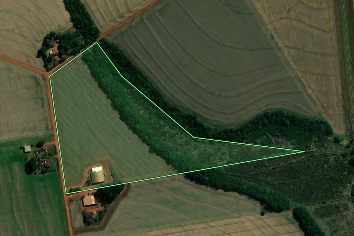 Imagem de satélite do imóvel rural em Pedrinhas Paulista (SP), com o contorno declarado no CAR desenhado por cima.