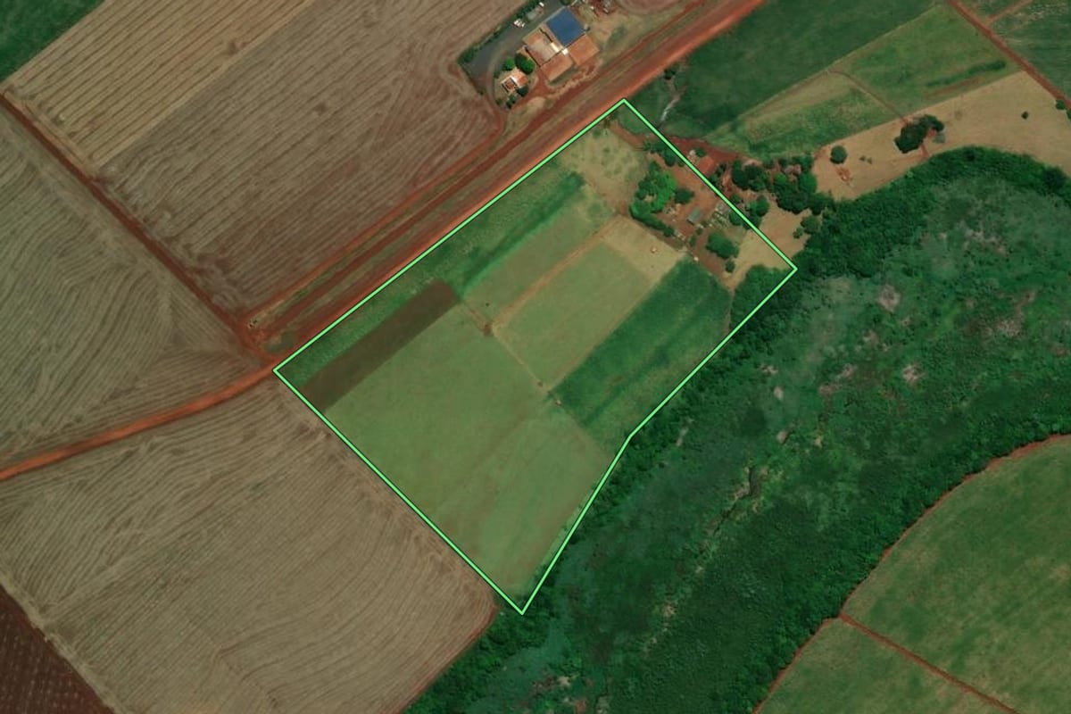 Imagem de satélite do imóvel rural em Pedrinhas Paulista (SP), com o contorno declarado no CAR desenhado por cima.