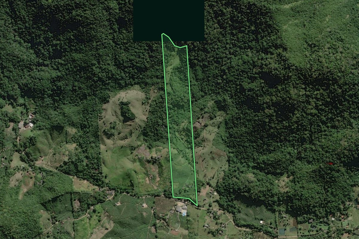 Imagem de satélite do imóvel rural em Pedro de Toledo (SP), com o contorno declarado no CAR desenhado por cima.