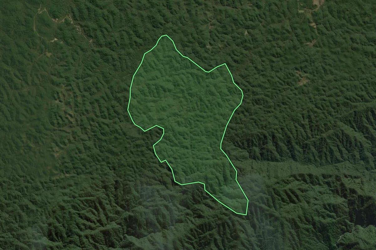 Imagem de satélite do imóvel rural em Pedro de Toledo (SP), com o contorno declarado no CAR desenhado por cima.