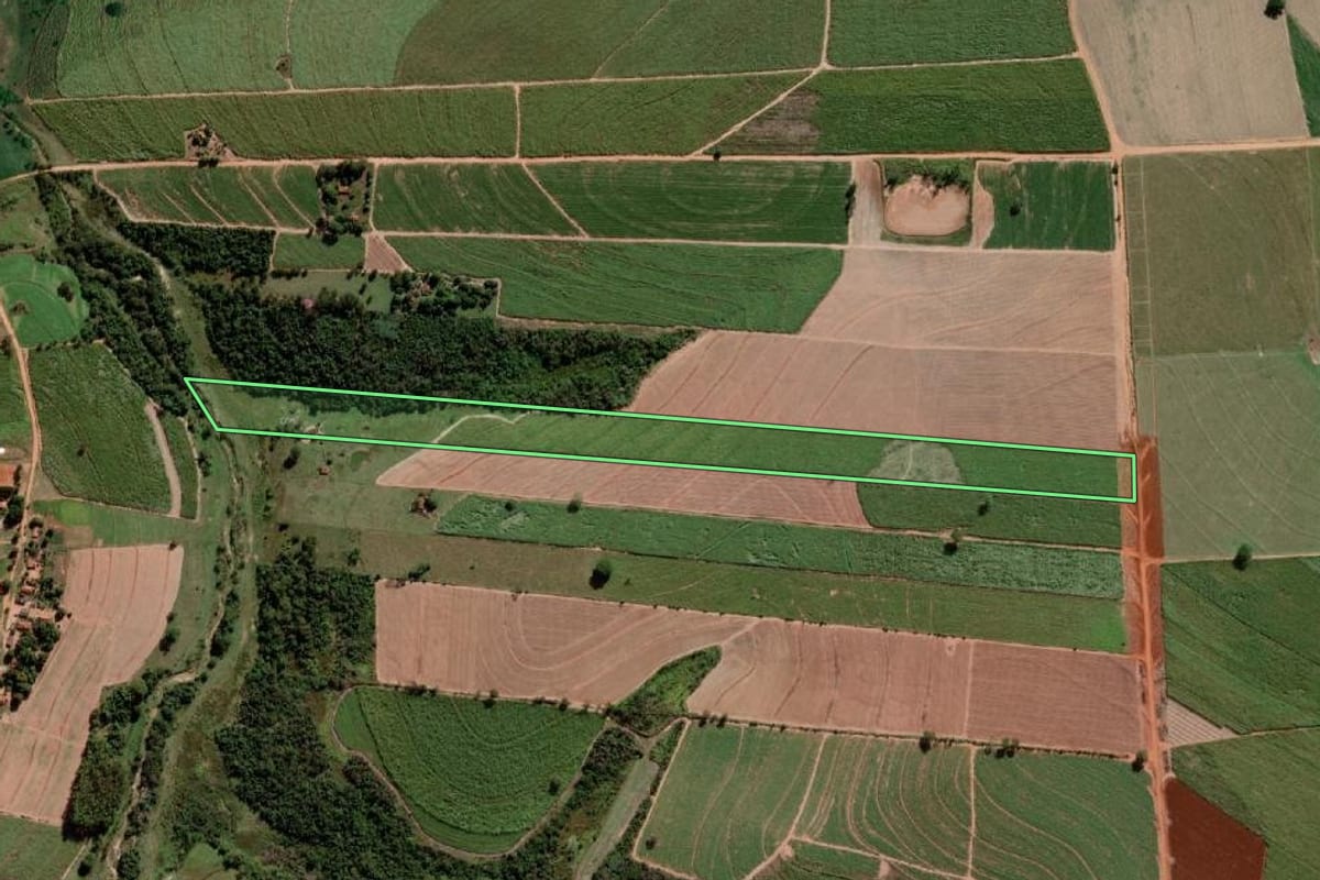 Imagem de satélite do imóvel rural em Penápolis (SP), com o contorno declarado no CAR desenhado por cima.