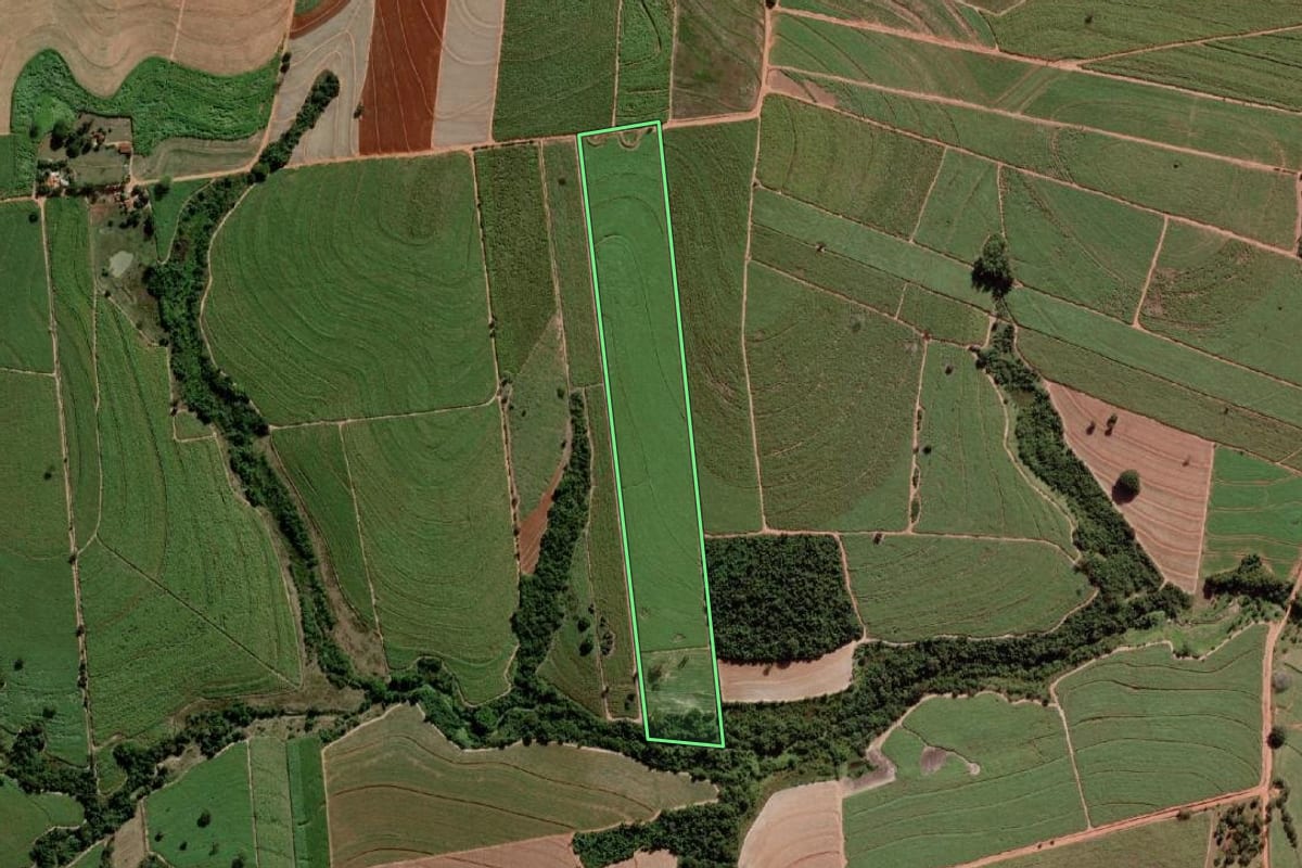 Imagem de satélite do imóvel rural em Penápolis (SP), com o contorno declarado no CAR desenhado por cima.