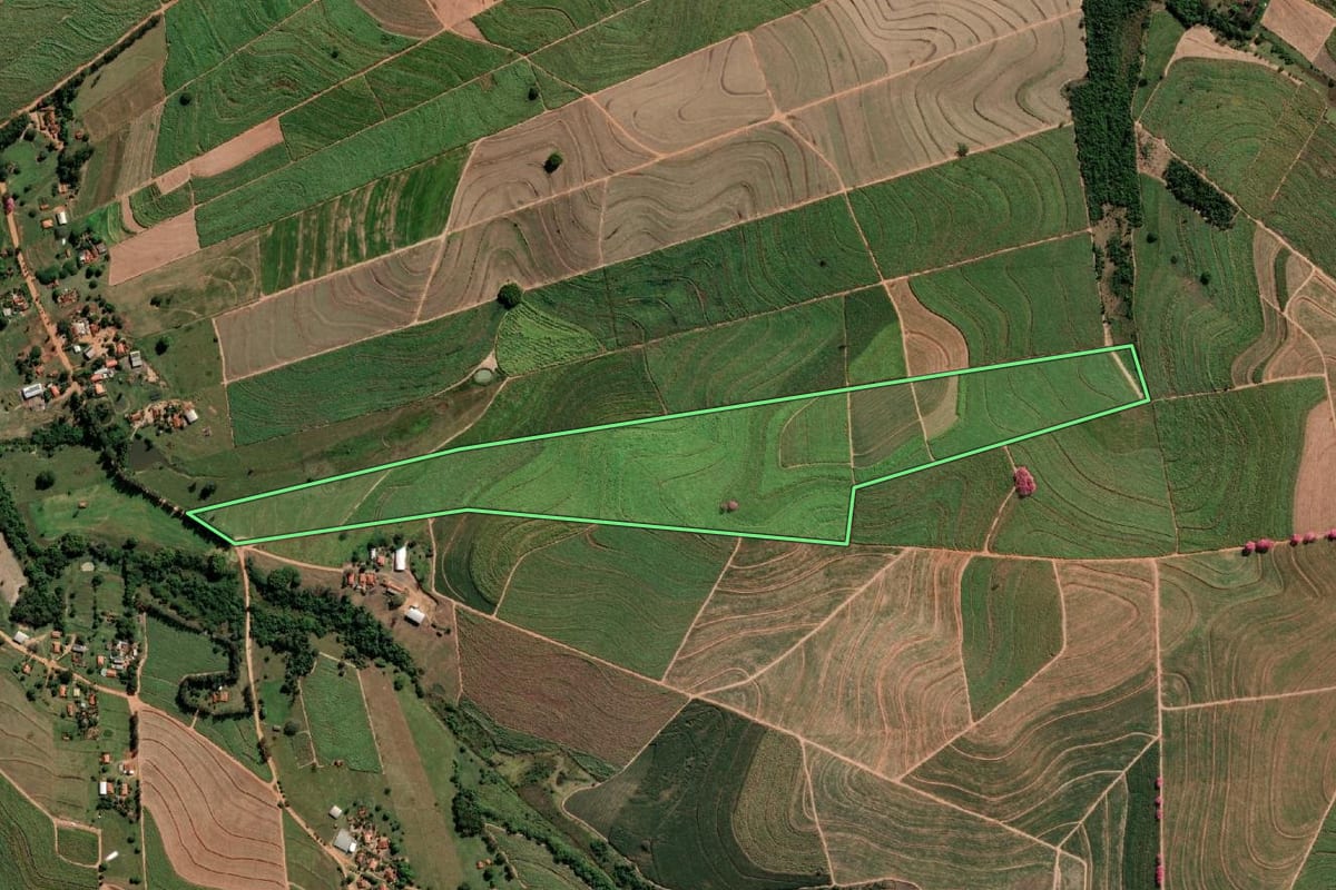 Imagem de satélite do imóvel rural em Penápolis (SP), com o contorno declarado no CAR desenhado por cima.