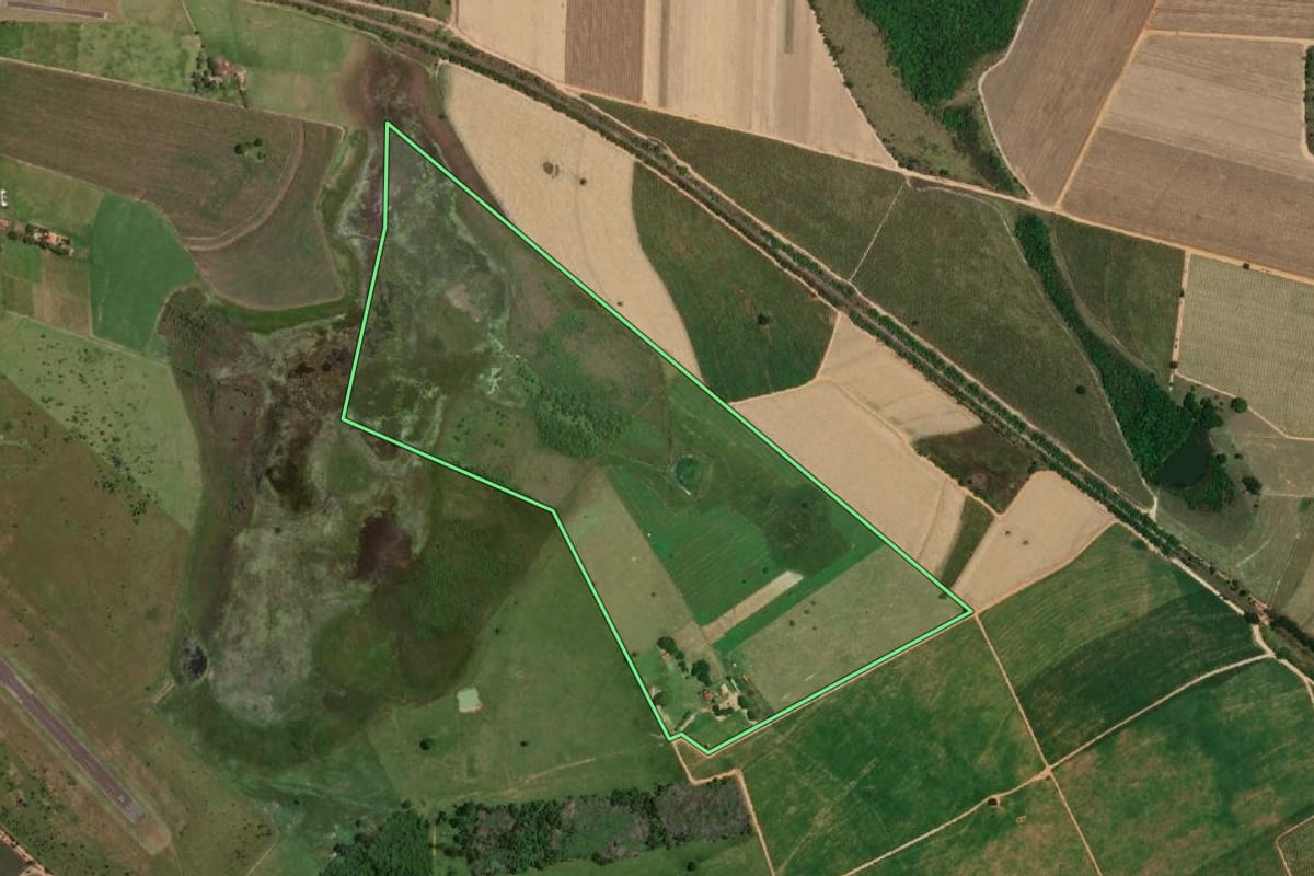 Imagem de satélite do imóvel rural em Penápolis (SP), com o contorno declarado no CAR desenhado por cima.
