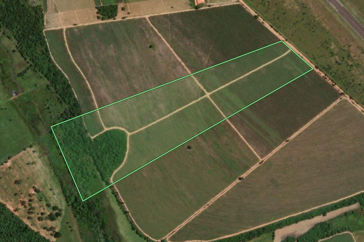 Imagem de satélite do imóvel rural em Penápolis (SP), com o contorno declarado no CAR desenhado por cima.