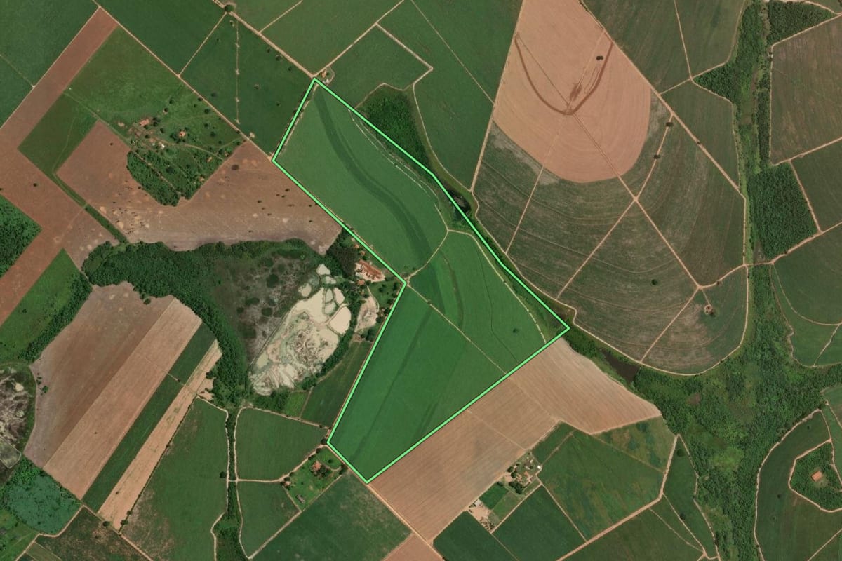 Imagem de satélite do imóvel rural em Penápolis (SP), com o contorno declarado no CAR desenhado por cima.
