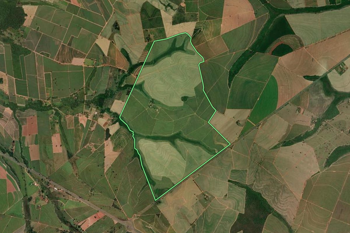 Imagem de satélite do imóvel rural em Penápolis (SP), com o contorno declarado no CAR desenhado por cima.
