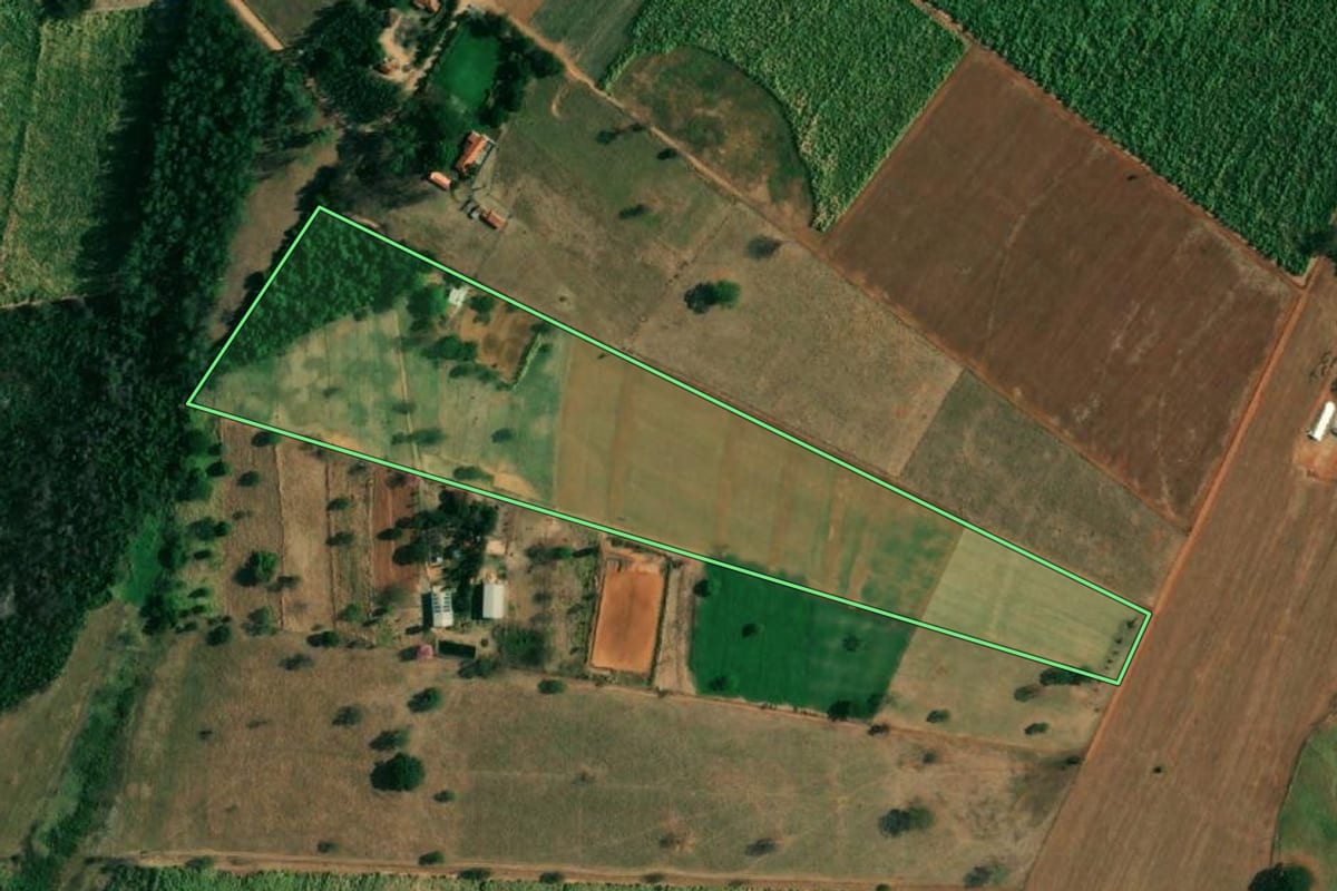 Imagem de satélite do imóvel rural em Penápolis (SP), com o contorno declarado no CAR desenhado por cima.