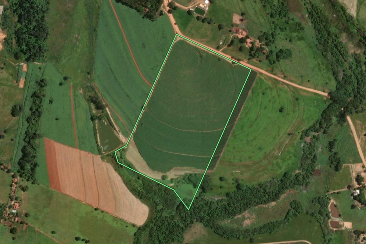 Imagem de satélite do imóvel rural em Penápolis (SP), com o contorno declarado no CAR desenhado por cima.