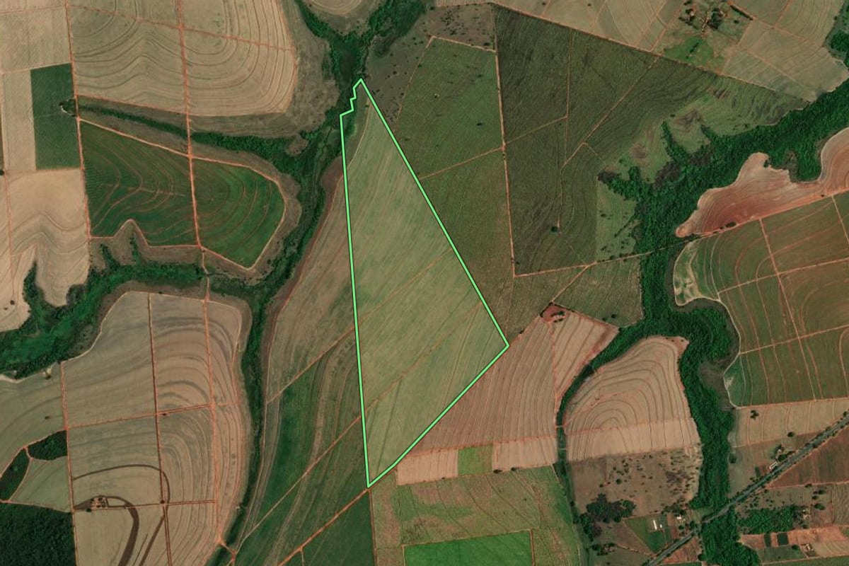 Imagem de satélite do imóvel rural em Penápolis (SP), com o contorno declarado no CAR desenhado por cima.