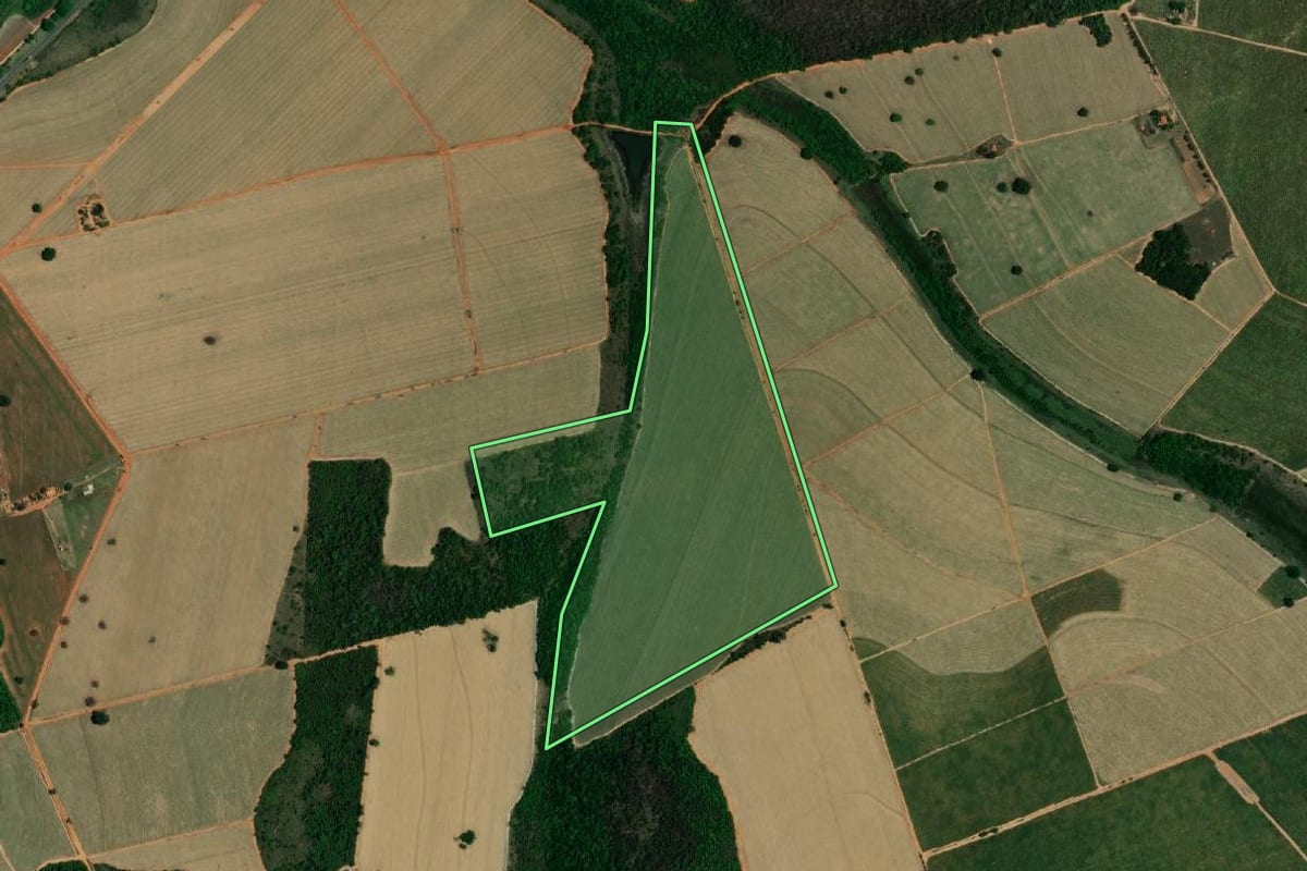 Imagem de satélite do imóvel rural em Penápolis (SP), com o contorno declarado no CAR desenhado por cima.