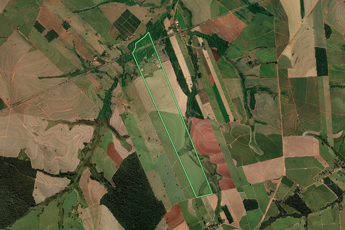 Imagem de satélite do imóvel rural em Penápolis (SP), com o contorno declarado no CAR desenhado por cima.