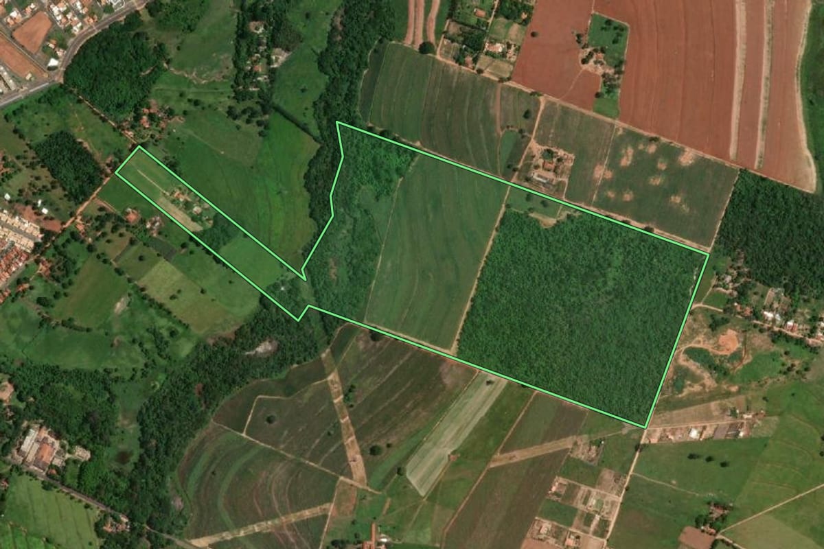 Imagem de satélite do imóvel rural em Penápolis (SP), com o contorno declarado no CAR desenhado por cima.