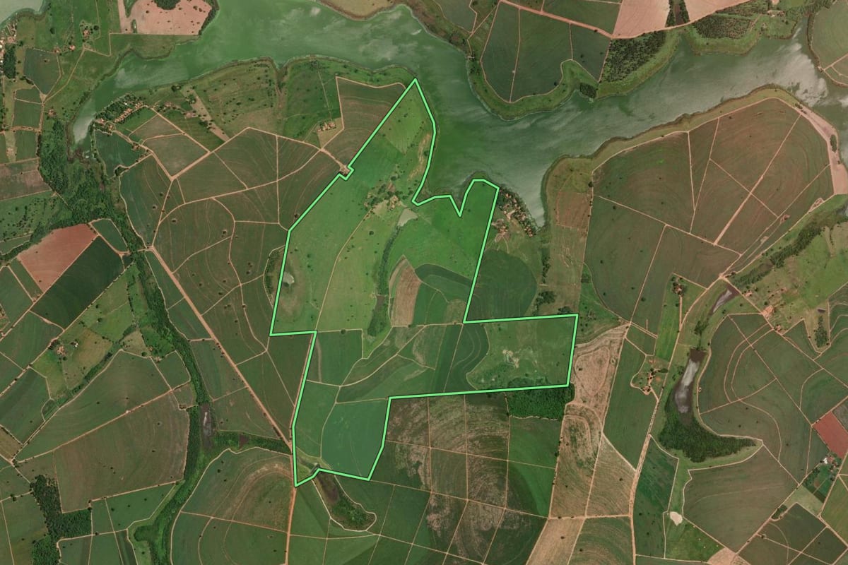 Imagem de satélite do imóvel rural em Penápolis (SP), com o contorno declarado no CAR desenhado por cima.