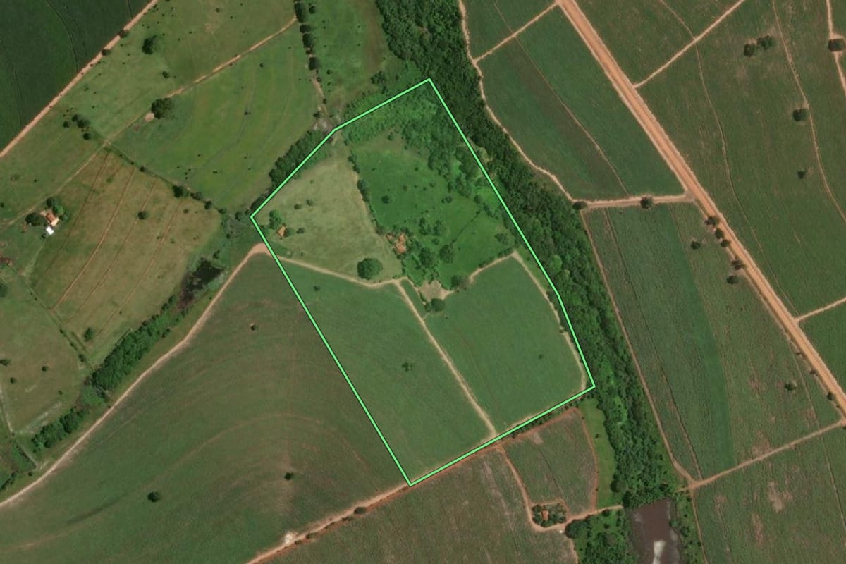 Imagem de satélite do imóvel rural em Penápolis (SP), com o contorno declarado no CAR desenhado por cima.