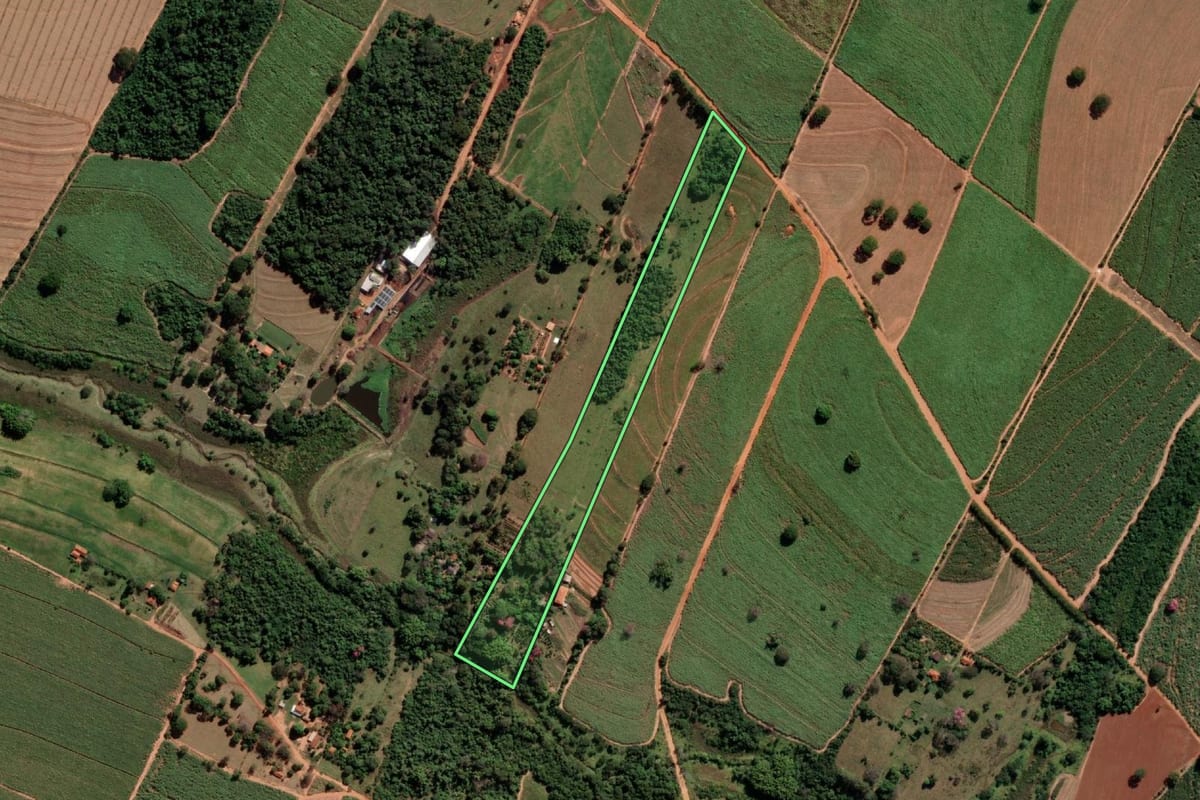Imagem de satélite do imóvel rural em Penápolis (SP), com o contorno declarado no CAR desenhado por cima.