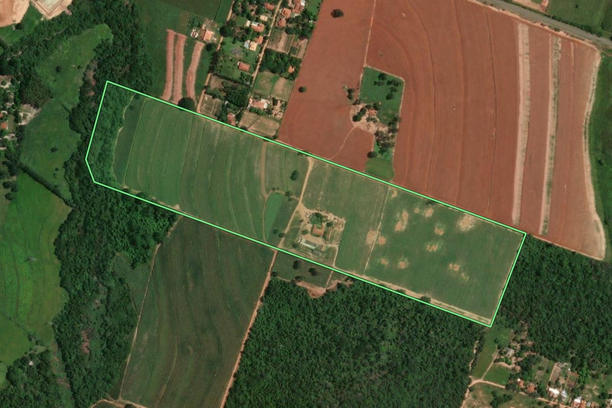 Imagem de satélite do imóvel rural em Penápolis (SP), com o contorno declarado no CAR desenhado por cima.