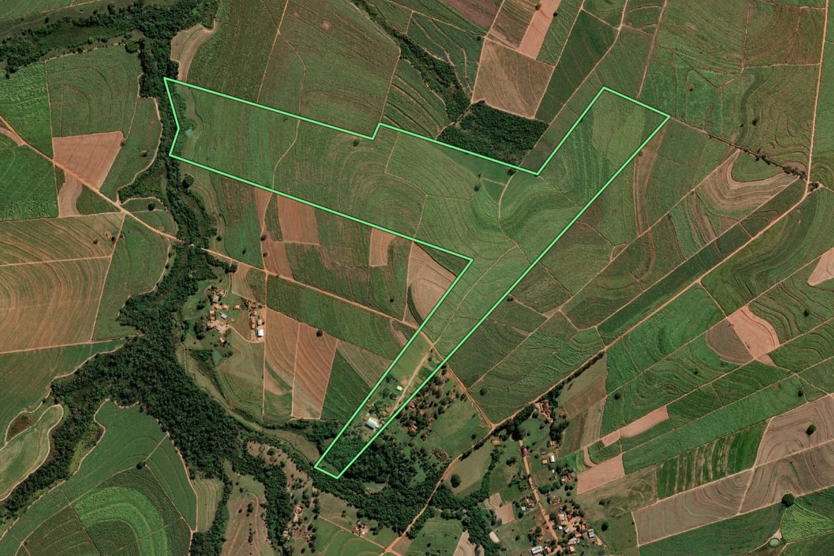 Imagem de satélite do imóvel rural em Penápolis (SP), com o contorno declarado no CAR desenhado por cima.
