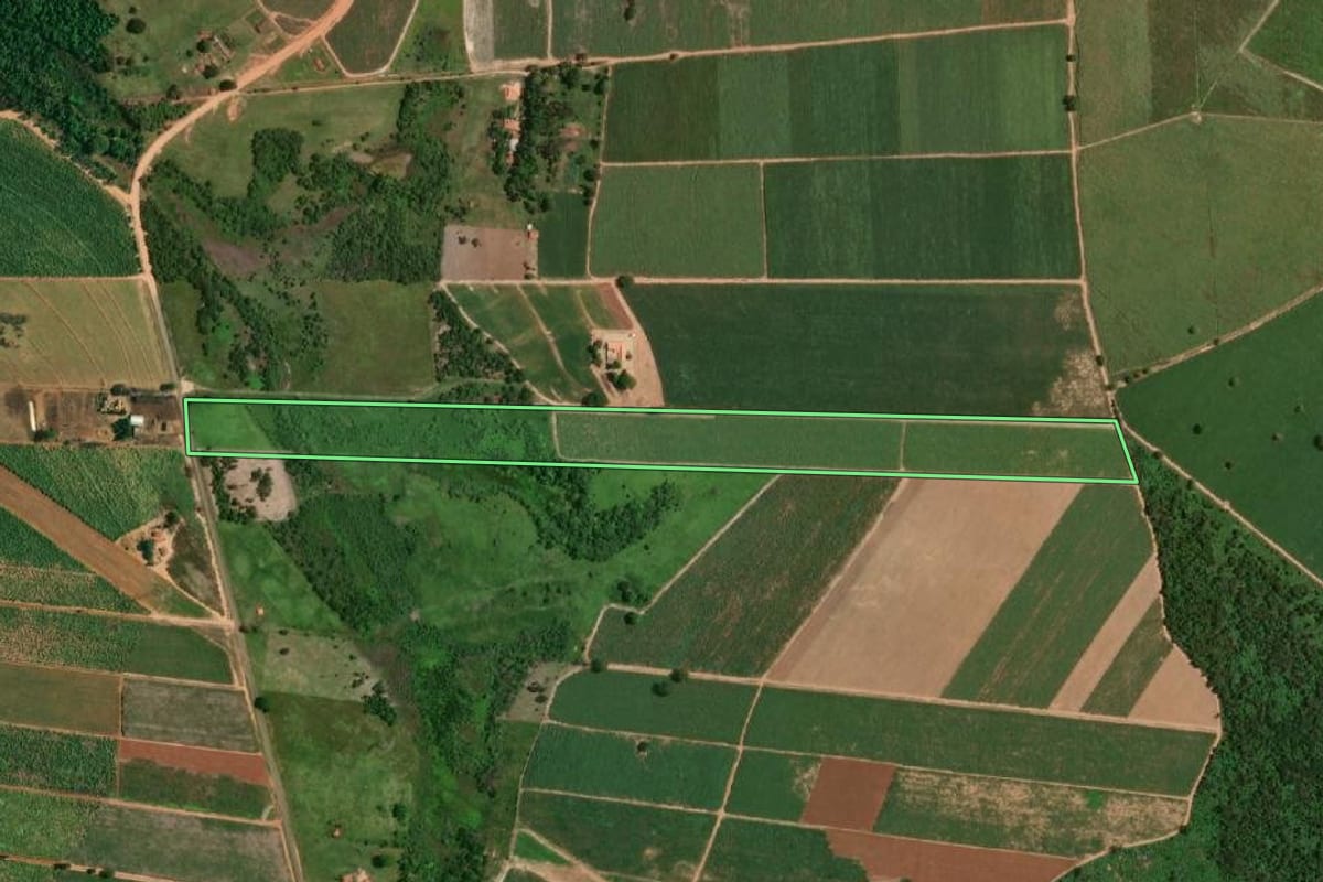 Imagem de satélite do imóvel rural em Penápolis (SP), com o contorno declarado no CAR desenhado por cima.