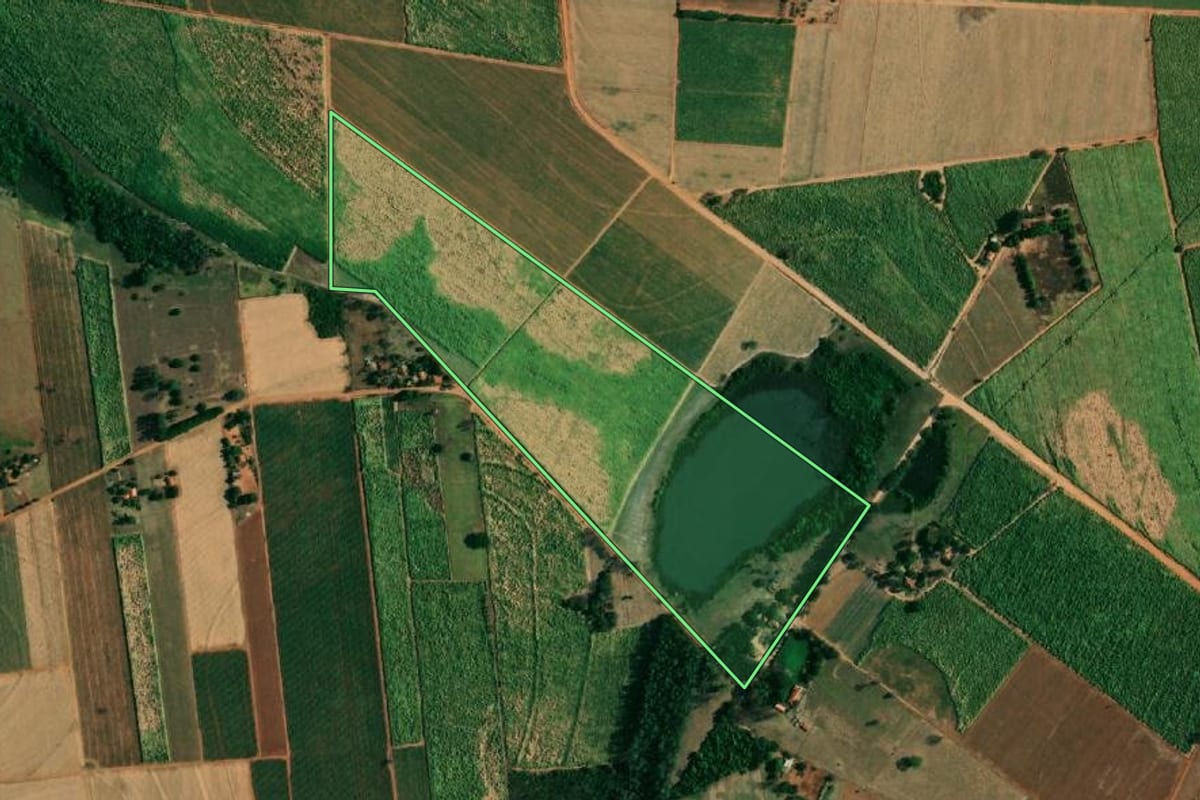 Imagem de satélite do imóvel rural em Penápolis (SP), com o contorno declarado no CAR desenhado por cima.