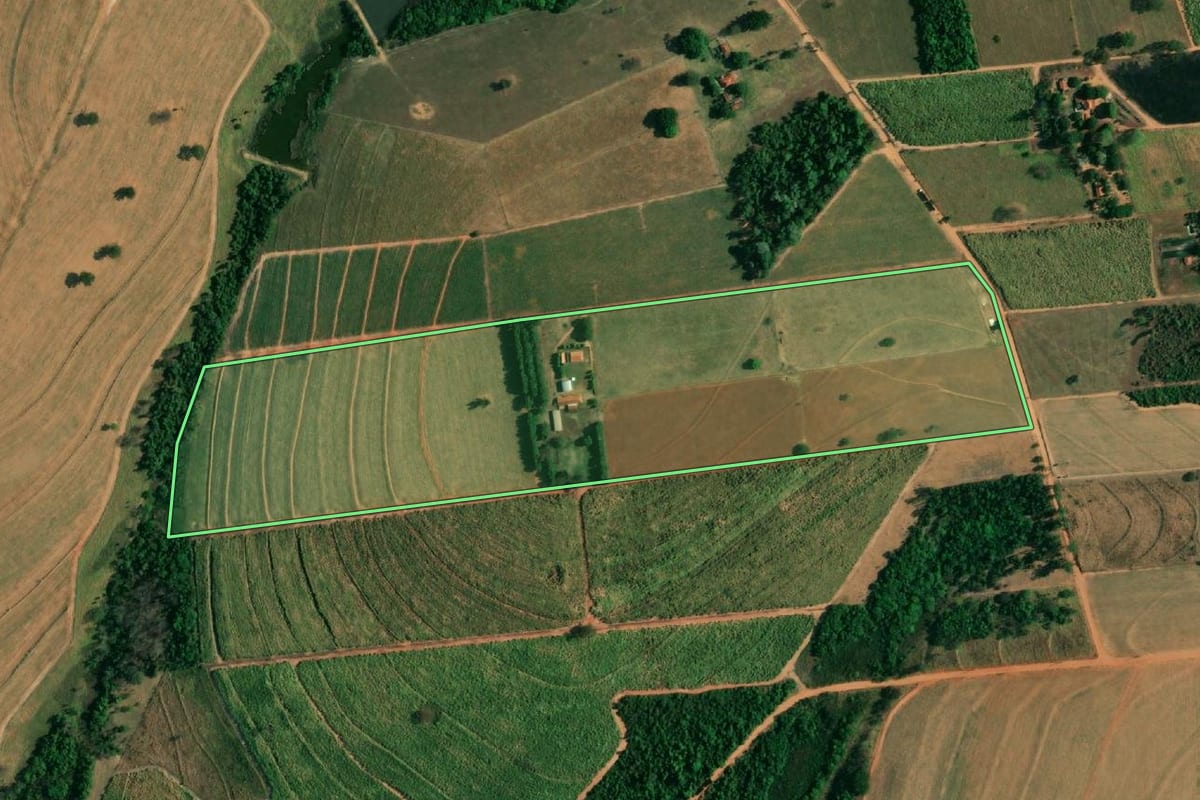 Imagem de satélite do imóvel rural em Penápolis (SP), com o contorno declarado no CAR desenhado por cima.