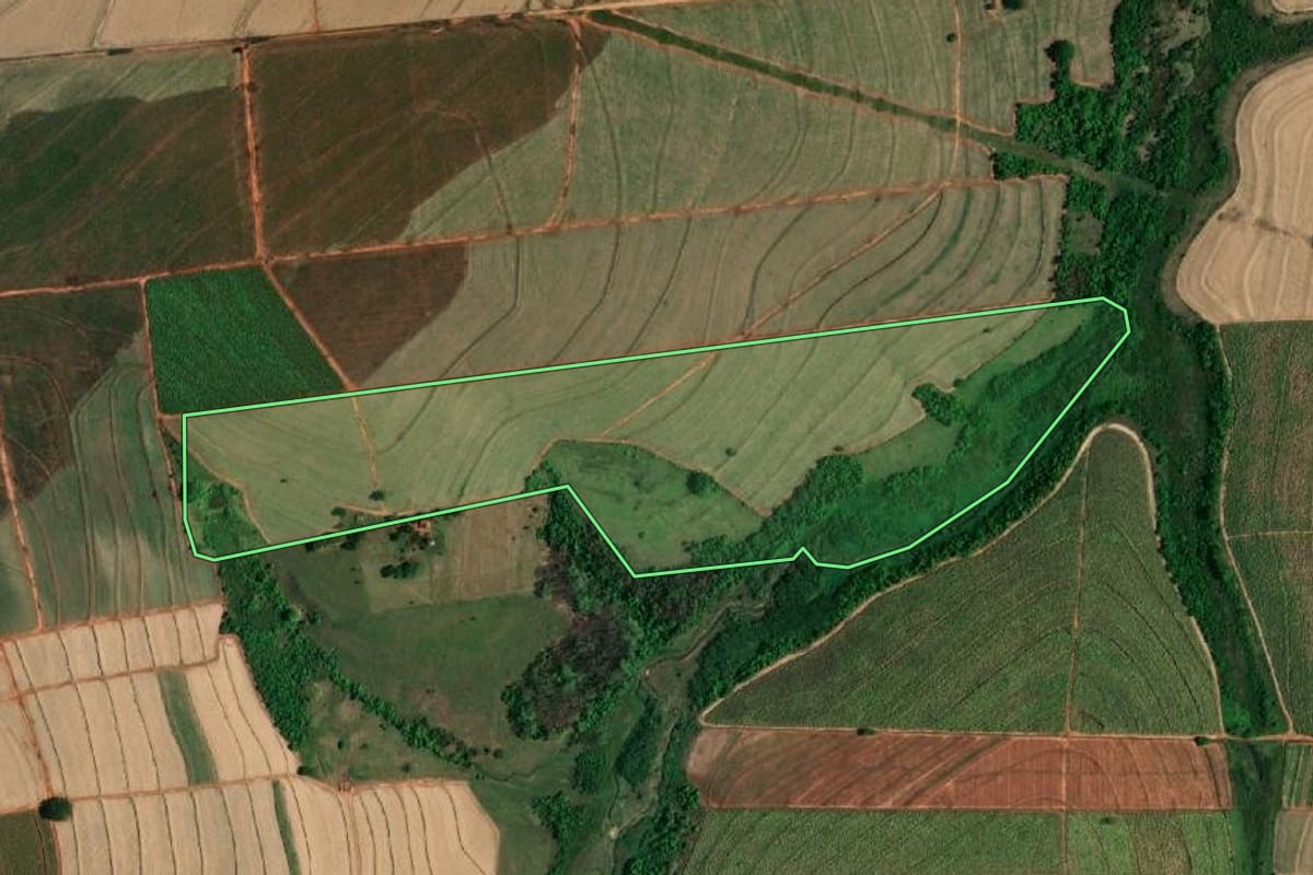 Imagem de satélite do imóvel rural em Penápolis (SP), com o contorno declarado no CAR desenhado por cima.