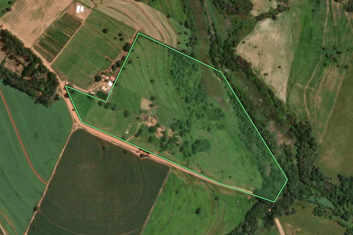 Imagem de satélite do imóvel rural em Penápolis (SP), com o contorno declarado no CAR desenhado por cima.
