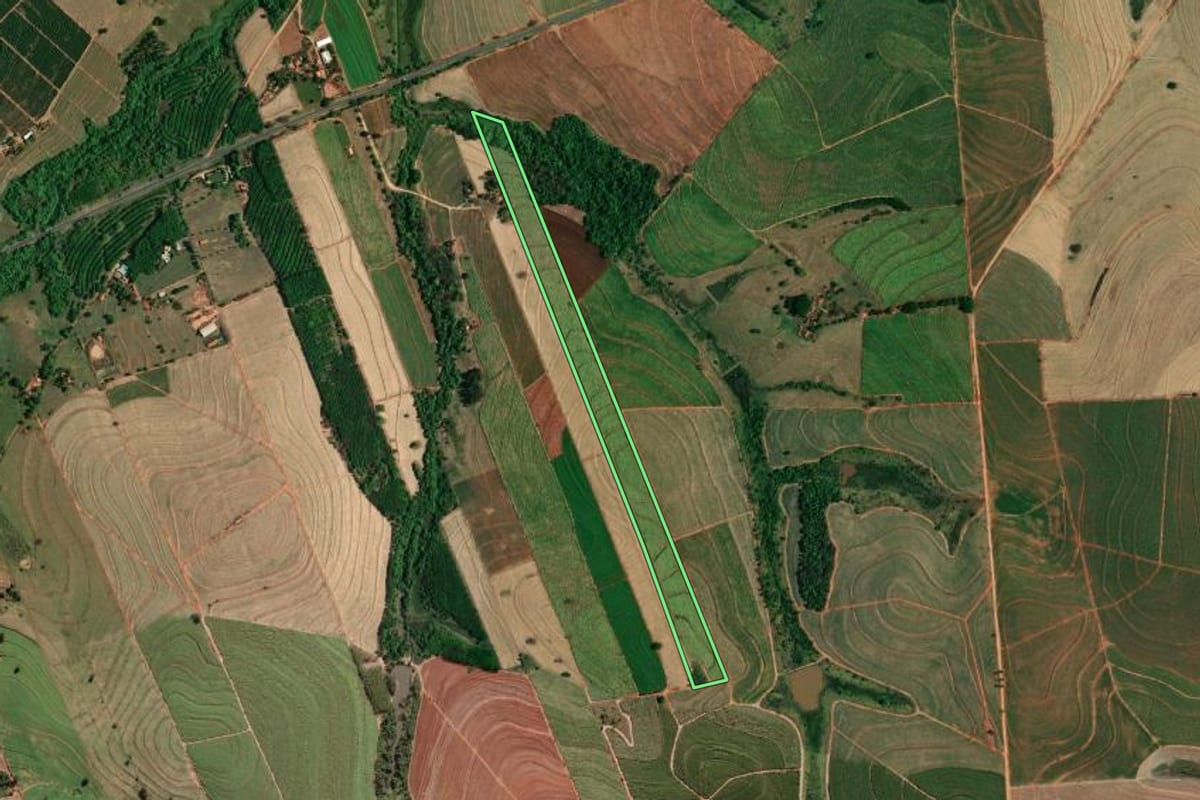 Imagem de satélite do imóvel rural em Penápolis (SP), com o contorno declarado no CAR desenhado por cima.