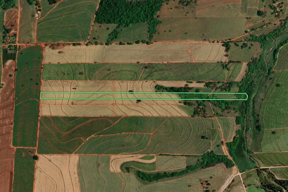 Imagem de satélite do imóvel rural em Penápolis (SP), com o contorno declarado no CAR desenhado por cima.