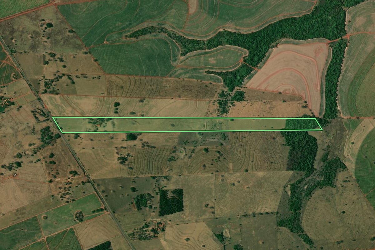 Imagem de satélite do imóvel rural em Pereira Barreto (SP), com o contorno declarado no CAR desenhado por cima.