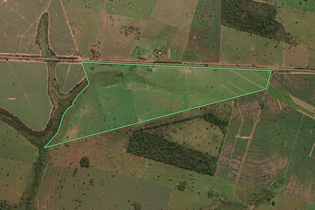 Imagem de satélite do imóvel rural em Pereira Barreto (SP), com o contorno declarado no CAR desenhado por cima.