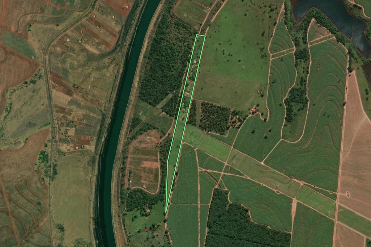 Imagem de satélite do imóvel rural em Pereira Barreto (SP), com o contorno declarado no CAR desenhado por cima.