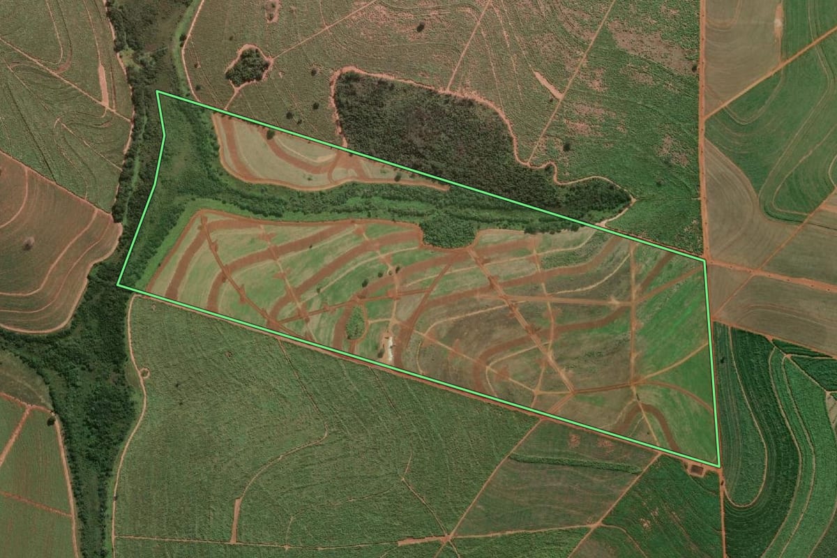 Imagem de satélite do imóvel rural em Pereira Barreto (SP), com o contorno declarado no CAR desenhado por cima.