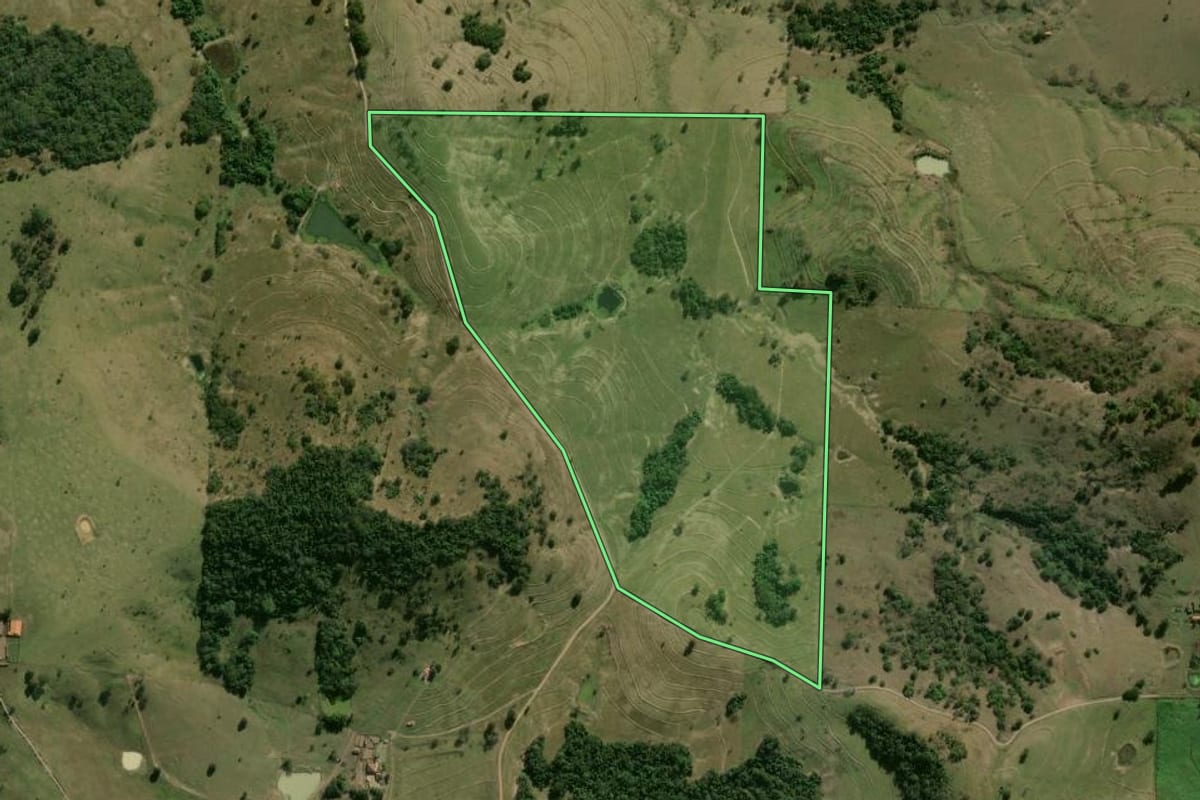 Imagem de satélite do imóvel rural em Pereiras (SP), com o contorno declarado no CAR desenhado por cima.
