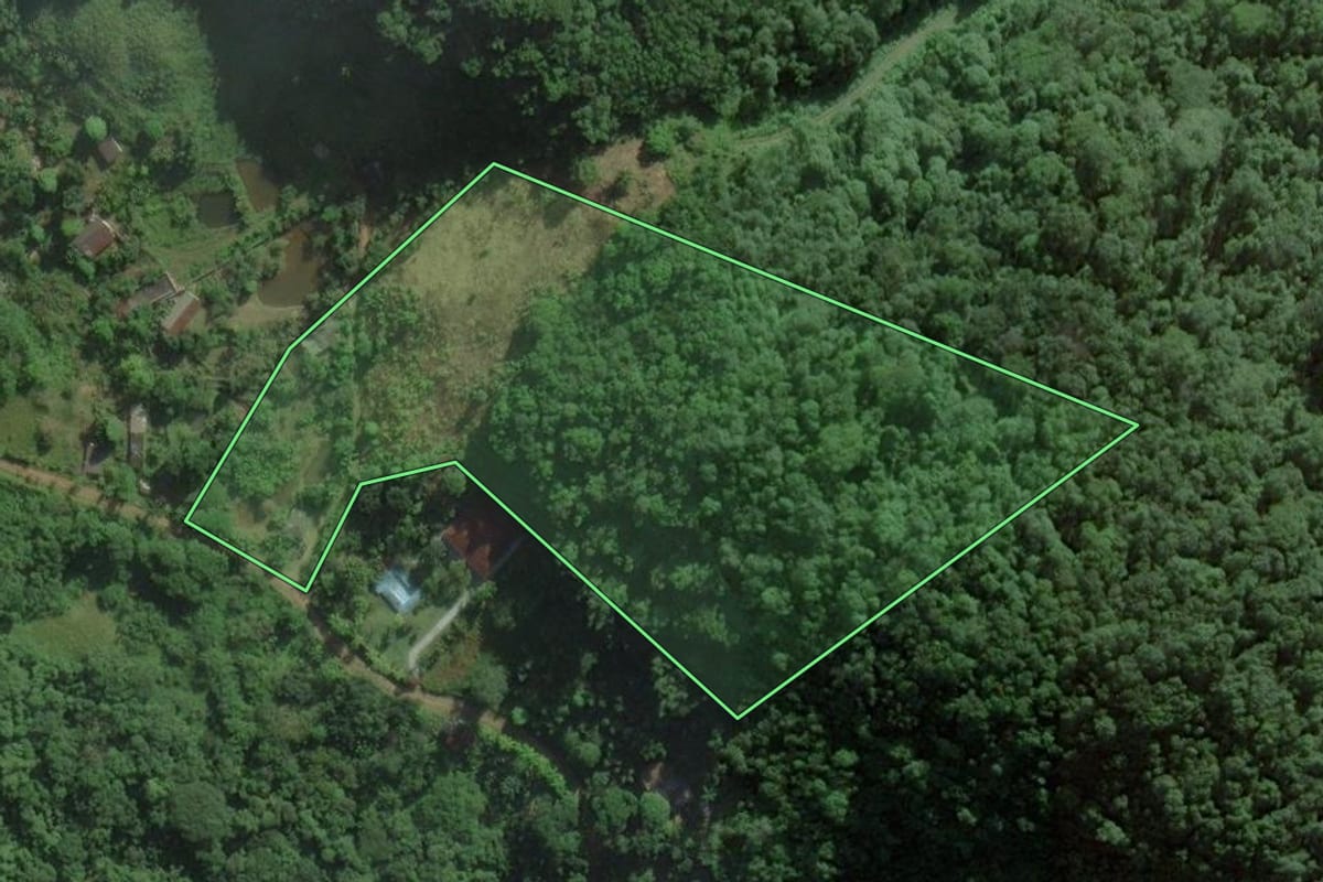 Imagem de satélite do imóvel rural em Peruíbe (SP), com o contorno declarado no CAR desenhado por cima.