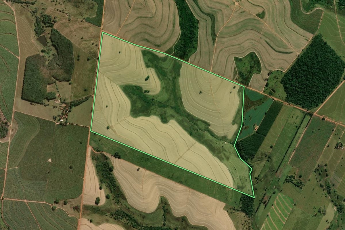 Imagem de satélite do imóvel rural em Piacatu (SP), com o contorno declarado no CAR desenhado por cima.