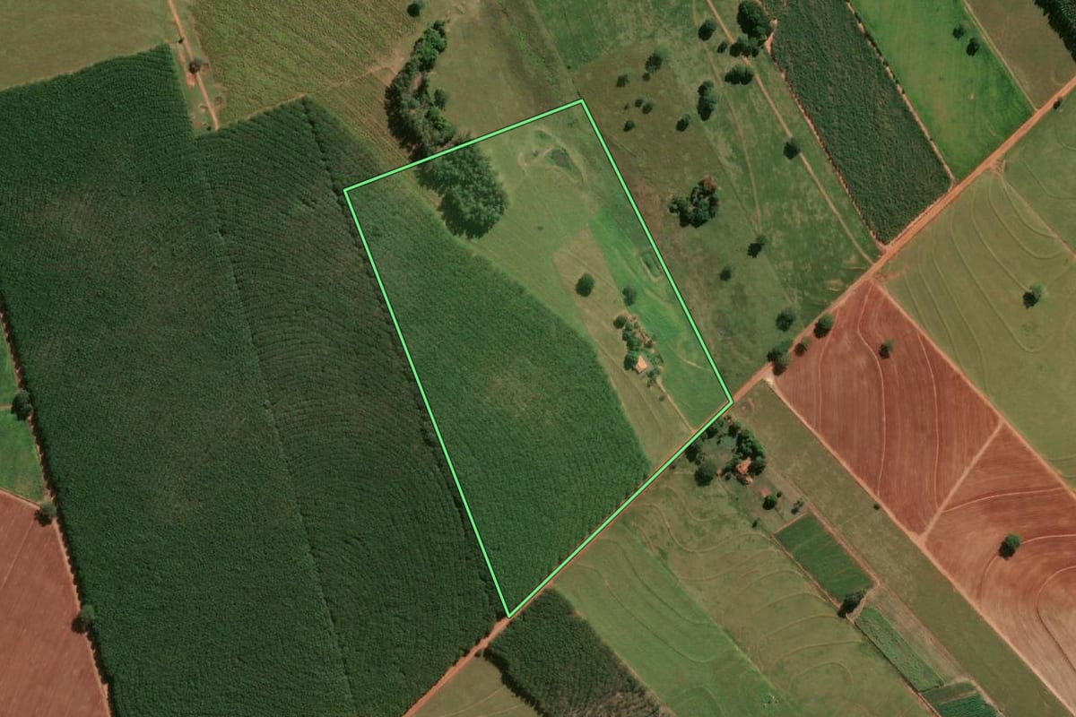 Imagem de satélite do imóvel rural em Piacatu (SP), com o contorno declarado no CAR desenhado por cima.