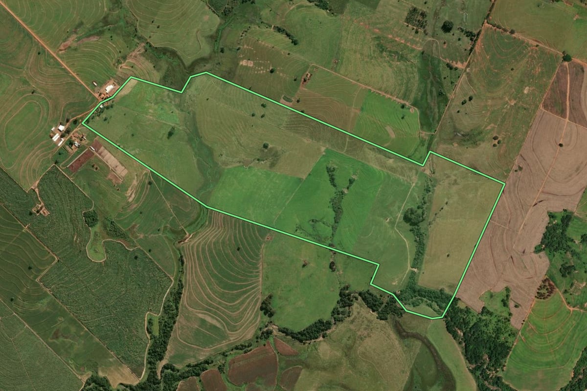 Imagem de satélite do imóvel rural em Piacatu (SP), com o contorno declarado no CAR desenhado por cima.